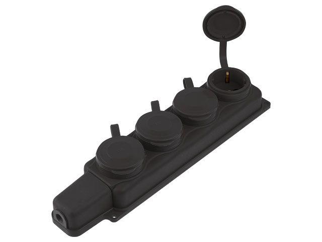 Розетка 4-ая переносная (с/з, 16А, 250В, брызг. защ.) каучук, черная Юпитер (РП16-432)