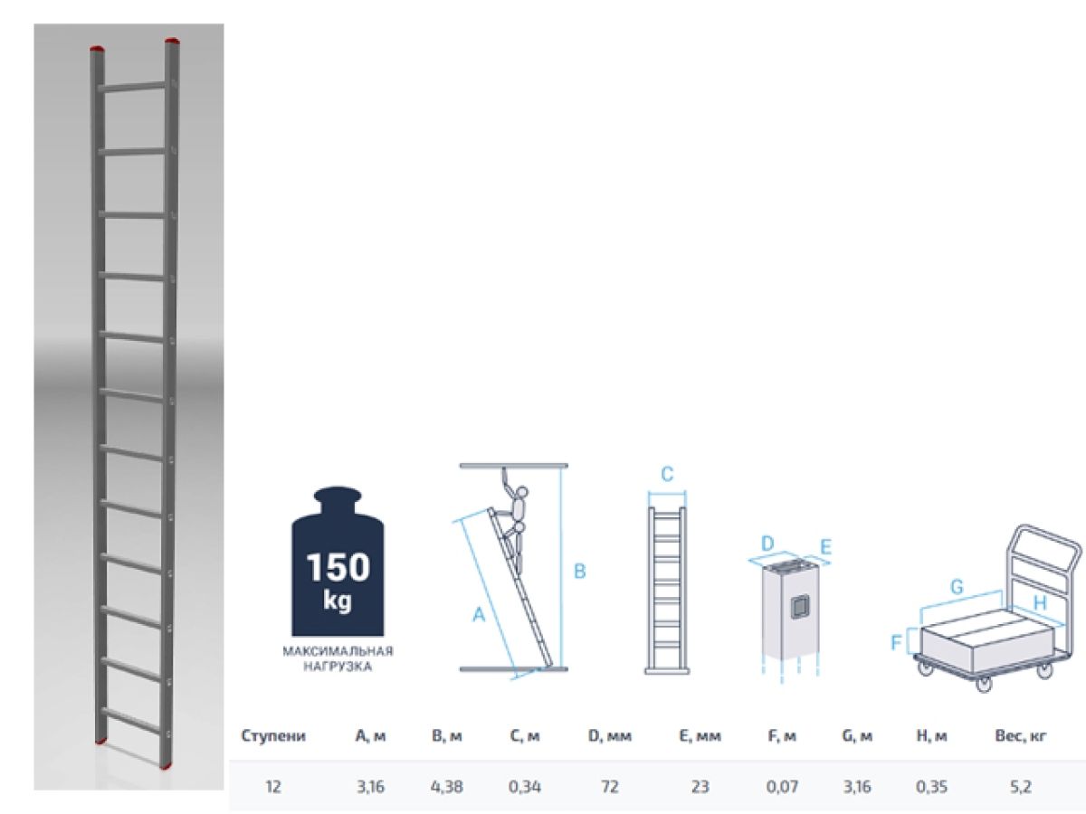 Лестница алюм. односекц. 315см 12 ступ., 4,3кг PRO STARTUL (ST9945-12)