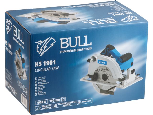Циркулярная пила BULL KS 1901 в кор. 1500 Вт, 190х30 мм, до 66 мм (Литая алюминиевая платформа, 6000 об/мин)