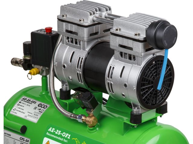 Компрессор ECO AE-25-OF1 безмасляный (140 л/мин, 8 атм, коаксиальный, безмасляный, ресив. 24 л, 220 В, 0,8 кВт)