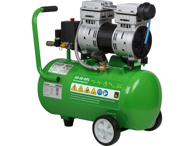 Компрессор ECO AE-25-OF1 безмасляный (140 л/мин, 8 атм, коаксиальный, безмасляный, ресив. 24 л, 220 В, 0,8 кВт)