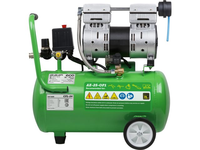 Компрессор ECO AE-25-OF1 безмасляный (140 л/мин, 8 атм, коаксиальный, безмасляный, ресив. 24 л, 220 В, 0,8 кВт)