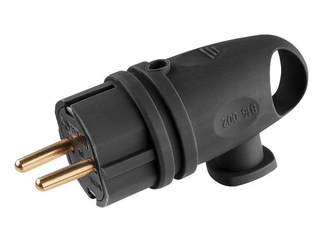 Вилка угловая с ушком (с/з, 16А, 250В) каучук, черная Юпитер (В16-002)