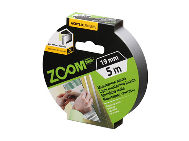 Лента двухсторонняя монтажная клейкая ZOOM (пеновая) 19ммх5м