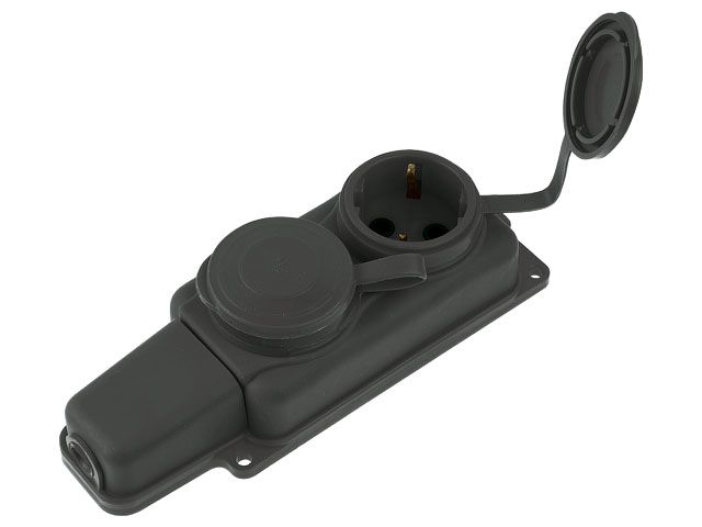 Розетка 2-ая переносная (с/з, 16А, 250В, брызг. защ.) каучук, черная, Юпитер (РП16-232)