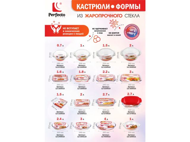 Кастрюля из жаропрочного стекла, 2.0 л, с крышкой, 260х232х105 мм, PERFECTO LINEA