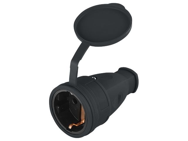 Розетка 1-ая переносная (с/з, 16А, 250В, брызг. защ.) каучук, черная, Юпитер (РА16-005)