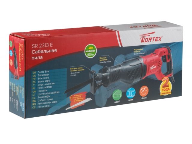 Сабельная пила WORTEX SR 2313 E в кор. + 2 пильных полотна 1100 Вт, дер. 230 мм, ход 28 мм, рег.об.