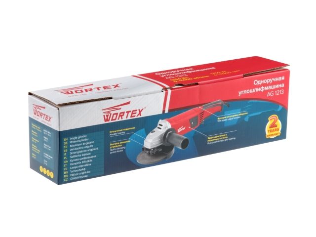 Одноручная углошлифмашина WORTEX AG 1213 в кор. 1250 Вт, 125 мм, 0-11000 об/мин (рег. об., пылезащита двигателя и подшипника, удлинённая рук