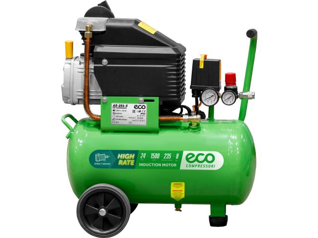 Компрессор ECO AE-251-3 коаксиальный (235 л/мин, 8 атм, коаксиальный, масляный, ресив. 24 л, 220 В, 1.50 кВт)