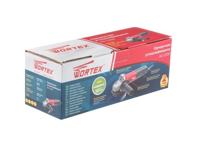 Одноручная углошлифмашина WORTEX AG 1209 в кор. 900 Вт, 125 мм, 11 000 об/мин (Пылезащита, шариковые подшипники, тонкая рукоятка 52 мм)