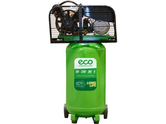 Компрессор ECO AE-1005-B2 ременной (380 л/мин, 8 атм, ременной, масляный, вертикальный ресив. 100 л, 220 В, 2.20 кВт)