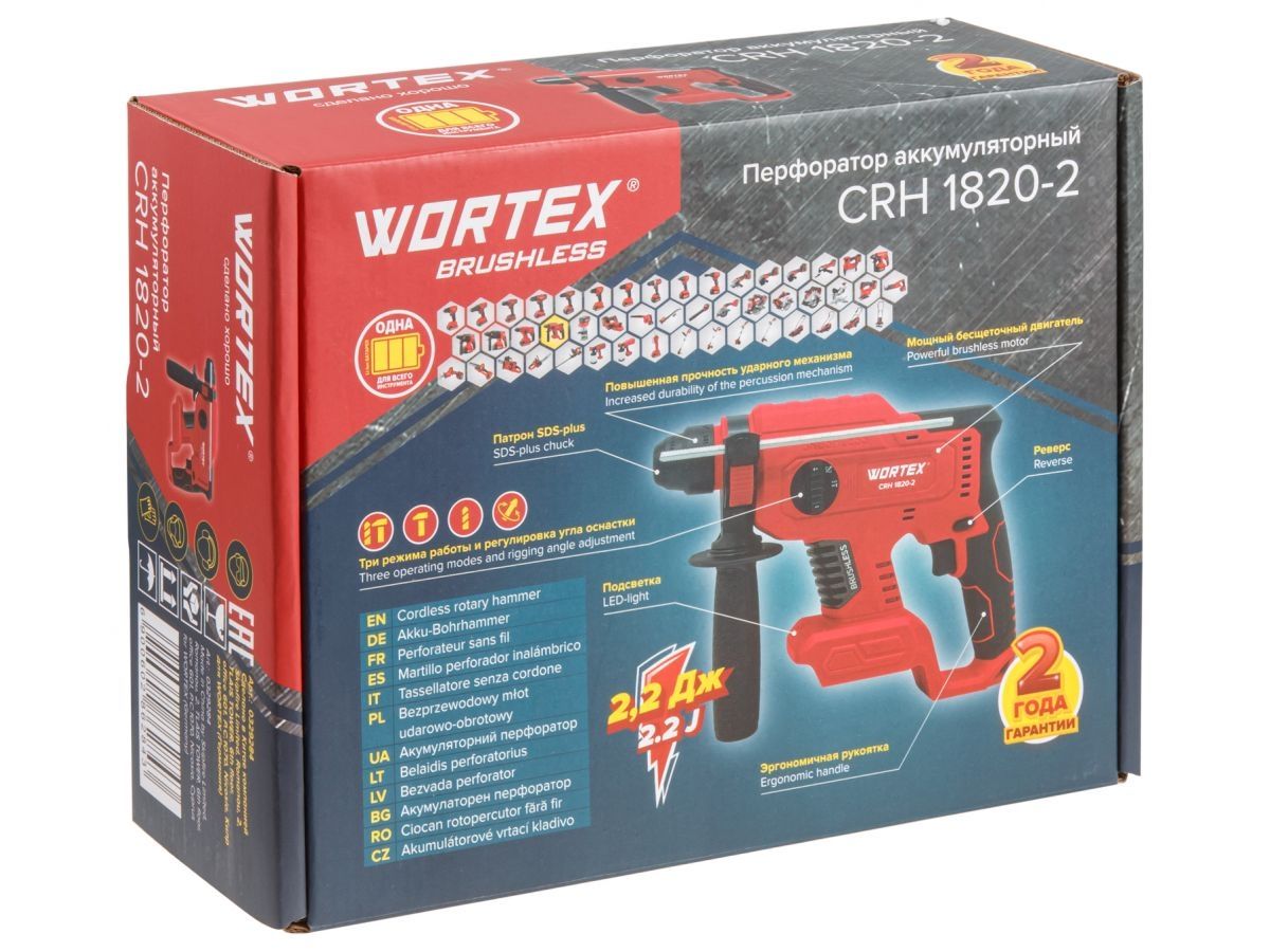 Аккум. перфоратор WORTEX CRH 1820-2 в кор. ALL1 XLT SOLO БЕСЩЕТ., 18 В, 2.2 Дж, 20 мм