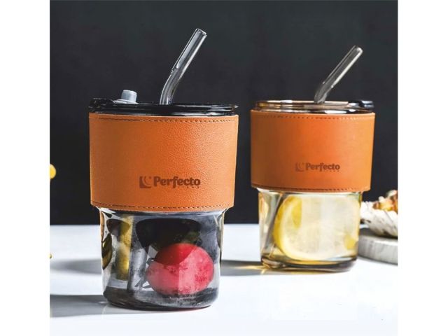 Стакан стеклянный (комплект) с трубочкой и кожаным кейсом, 400 мл, Amber, PERFECTO LINEA