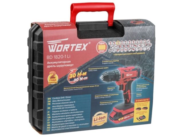 Аккум. дрель-шуруповерт WORTEX BD 1820-1 Li в чем. ALL1 XLT 18 В, 30 Н*м, 2х2 А*ч, БЗП(мет.) 13 мм (шурупы до 8 мм)