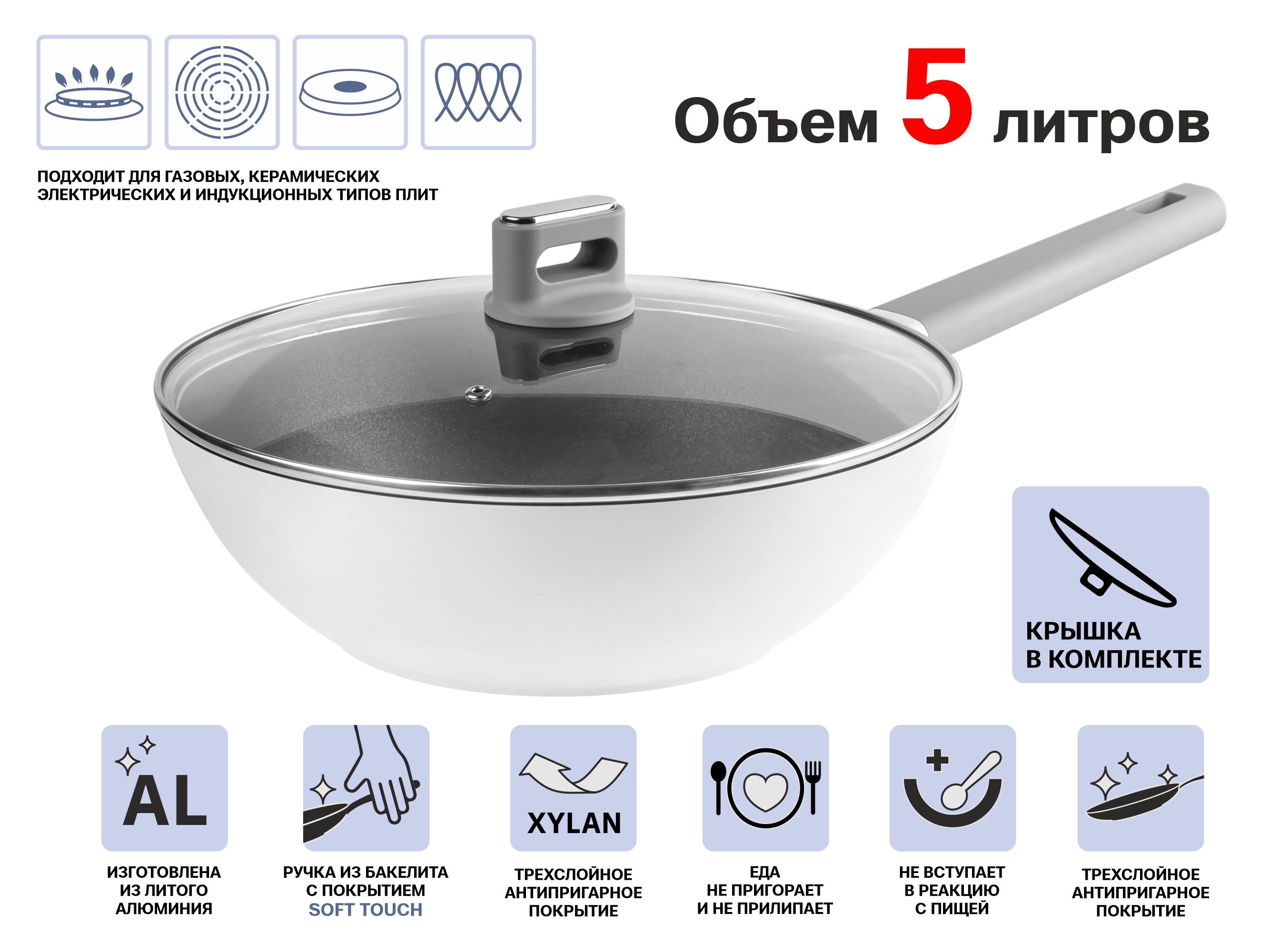 Сковорода (вок) литая WOK ф 30х9.5 см, алюм, антиприг. покр, для индукц. плит, Teide, PERFECTO LINEA