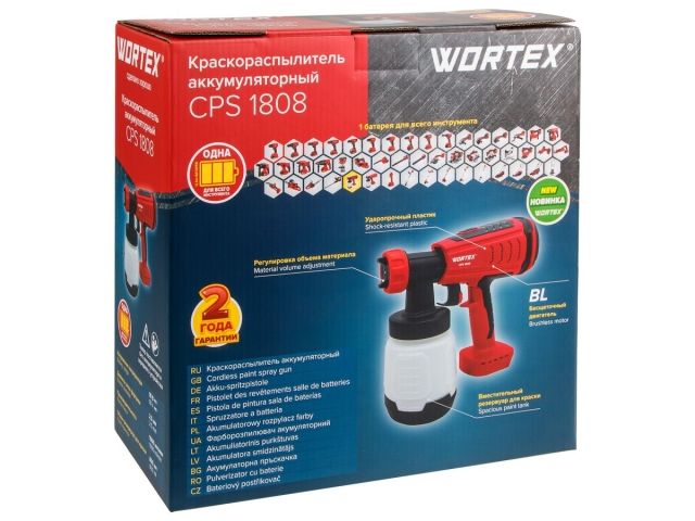 Аккум. краскораспылитель WORTEX CPS 1808 в кор. ALL1 XLT SOLO БЕСЩЁТ.ДВИГ., 18В, 1000 мл/мин, 0.8 л (БЕСЩЁТ.ДВИГ., 18 В, БЕЗ АКБ И ЗУ, 1000 