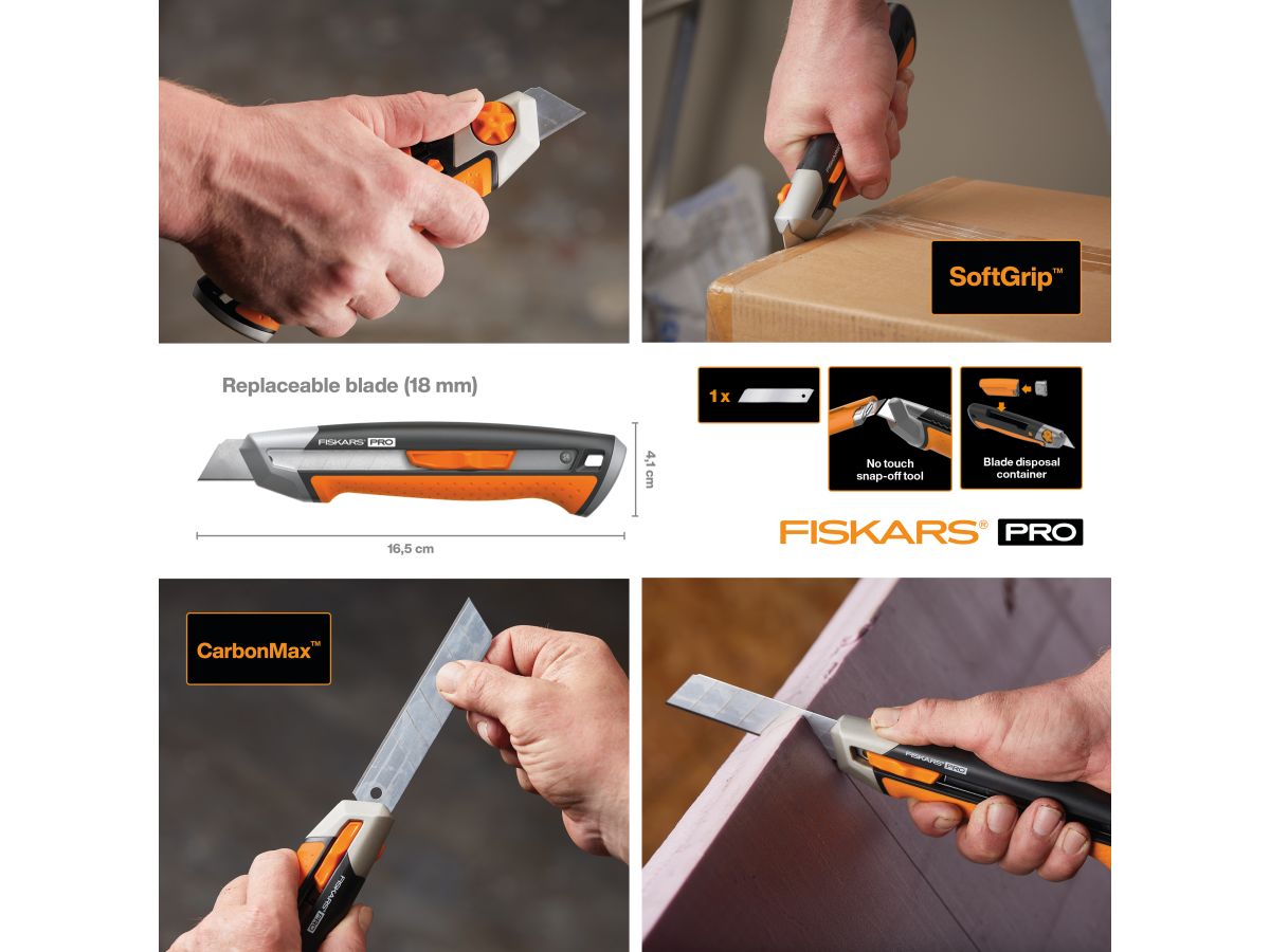 Нож с выдвижным, сменным лезвием18мм CarbonMax FISKARS