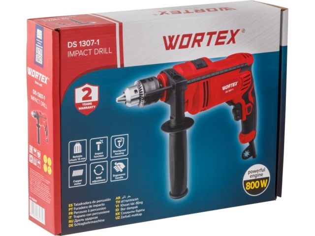 Дрель ударная WORTEX DS 1307-1 в кор. 800 Вт, 1 скор, 25 мм в дер., ключевой патрон 13 мм. (ОТГРУЗКА ТОЛЬКО ПО ЭТН/ЭТТН | Обороты 0-2700 об/