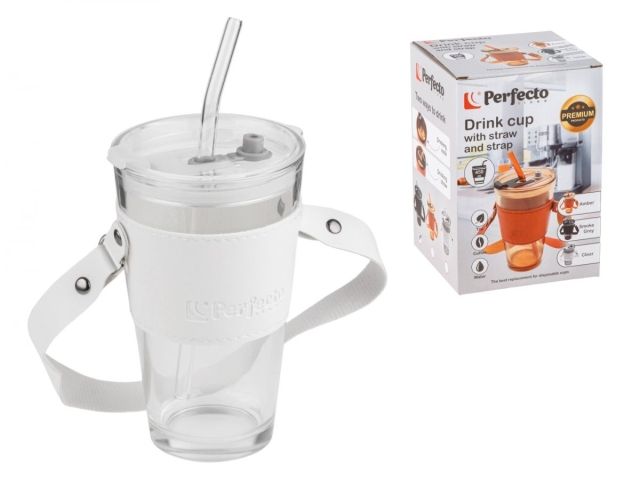 Стакан стеклянный (комплект) с трубочкой, кожаным ремешком и кейсом, 450 мл, Clear, PERFECTO LINEA