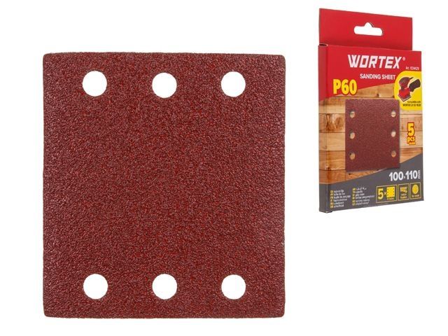 Шлифлист 100х110мм Р60 д/дерева самосцепл. 6 отв. 5 шт. WORTEX (Подходит для использования к виброшлифмашине WORTEX LX SS 1020)