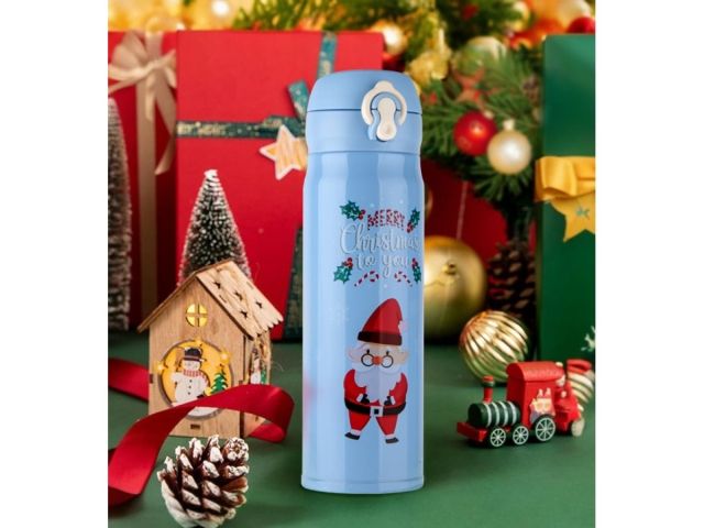 Термос, 480 мл, нержавеющая сталь, MERRY CHRISTMAS, голубой, Санта, PERFECTO LINEA
