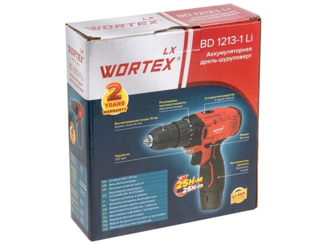 Аккум. дрель-шуруповерт WORTEX LX BD 1213-1 Li в кор. 12 В, 25 Н*м, 1х1.5 А*ч, БЗП 10 мм (шурупы до 5 мм)