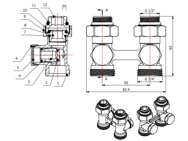 Клапан прямой вентильный 3/4" нар. для радиатора (мультифлекс), AV Engineering (инд. упак.) (Обратка и подача)