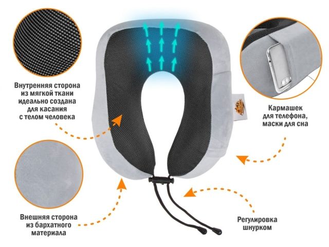 Подушка для путешествий с эффектом памяти, набор (маска для сна, чехол), серый, ARIZONE