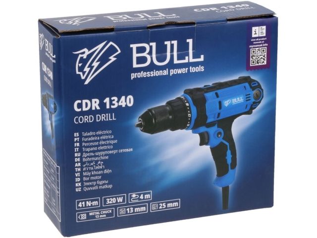 Дрель-шуруповерт BULL CDR 1340 в кор. 320 Вт, 41 Н*м, 2 скор., БЗП(мет.) 13 мм, 4 метра кабель (ОТГРУЗКА ТОЛЬКО ПО ЭТН/ЭТТН |)