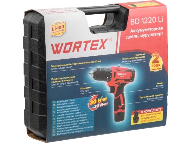 Аккум. дрель-шуруповерт WORTEX BD 1220 Li в чем. 12 В, 30 Н*м, 2х1.5 А*ч, БЗП 10 мм (шурупы до 6 мм)