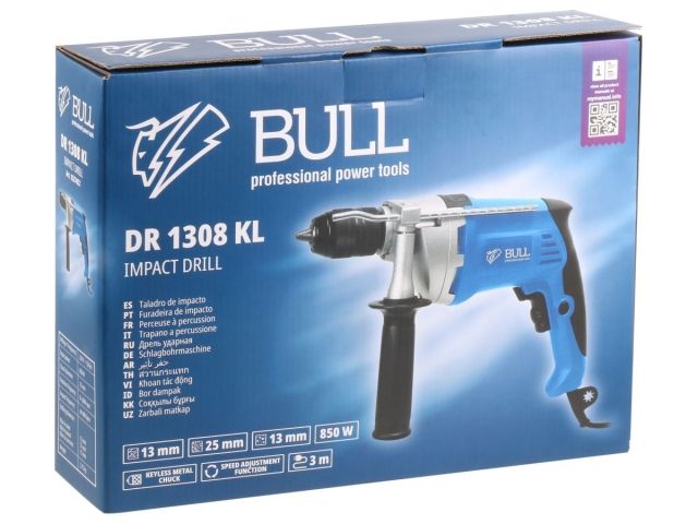 Дрель ударная BULL DR 1308 KL в кор. 850 Вт, БЗП металл 13 мм, 1 скорость, 0-2800 об/мин (ОТГРУЗКА ТОЛЬКО ПО ЭТН/ЭТТН | 0-44800 уд/мин)