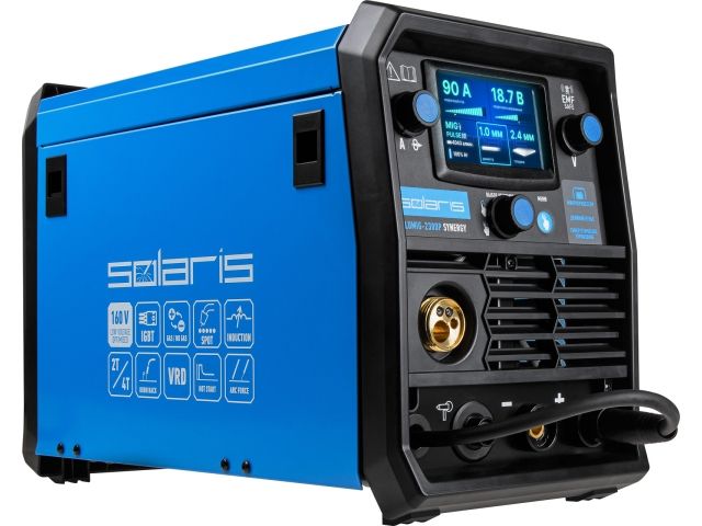 Полуавтомат сварочный Solaris ALUMIG-230DP SYNERGY (230В; MIG/SPOT/FLUX/MMA/TIG/PULSE/DP; синергетич.программы; евроразъем; горелка 3 м)