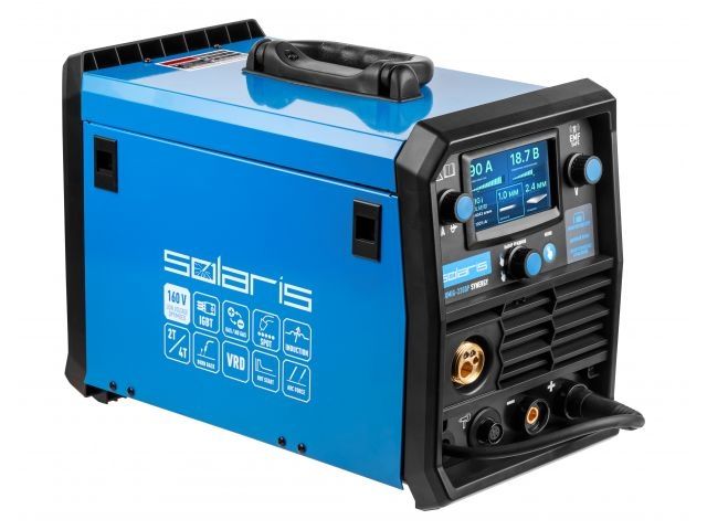 Полуавтомат сварочный Solaris ALUMIG-230DP SYNERGY (230В; MIG/SPOT/FLUX/MMA/TIG/PULSE/DP; синергетич.программы; евроразъем; горелка 3 м)