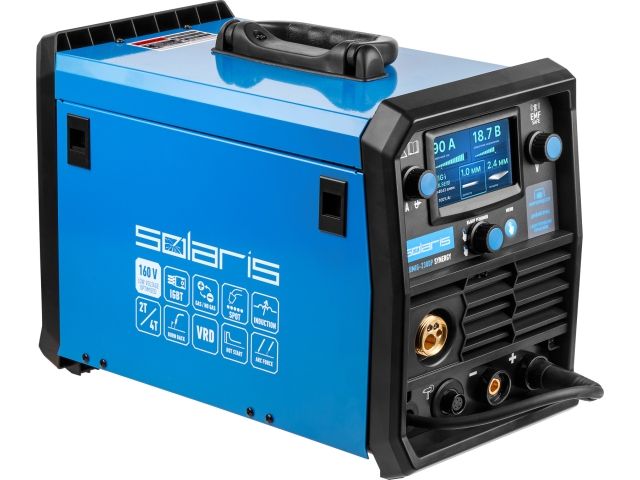 Полуавтомат сварочный Solaris ALUMIG-230DP SYNERGY (230В; MIG/SPOT/FLUX/MMA/TIG/PULSE/DP; синергетич.программы; евроразъем; горелка 3 м)