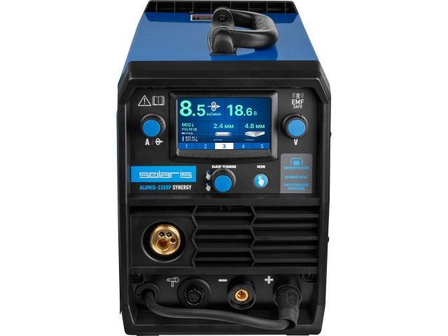 Полуавтомат сварочный Solaris ALUMIG-230DP SYNERGY (230В; MIG/SPOT/FLUX/MMA/TIG/PULSE/DP; синергетич.программы; евроразъем; горелка 3 м)