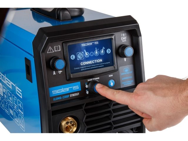 Полуавтомат сварочный Solaris ALUMIG-230DP SYNERGY (230В; MIG/SPOT/FLUX/MMA/TIG/PULSE/DP; синергетич.программы; евроразъем; горелка 3 м)