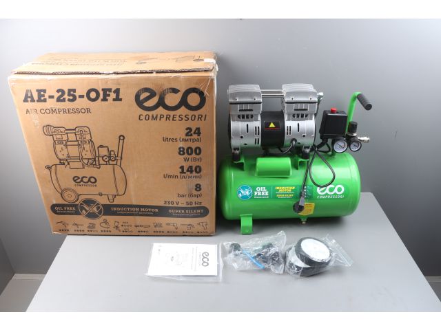 Компрессор ECO AE-25-OF1 уцененный (1444155840) (140 л/мин, 8 атм, коаксиальный, безмасляный, ресив. 24 л, 220 В, 0,8 кВт)