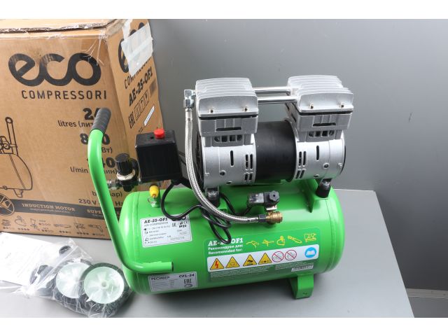 Компрессор ECO AE-25-OF1 уцененный (1444155840) (140 л/мин, 8 атм, коаксиальный, безмасляный, ресив. 24 л, 220 В, 0,8 кВт)