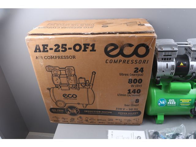 Компрессор ECO AE-25-OF1 уцененный (1444155840) (140 л/мин, 8 атм, коаксиальный, безмасляный, ресив. 24 л, 220 В, 0,8 кВт)
