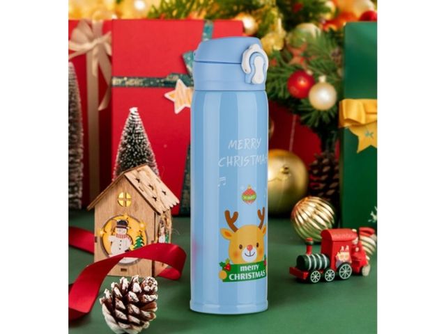 Термос, 480 мл, нержавеющая сталь, MERRY CHRISTMAS, голубой, PERFECTO LINEA