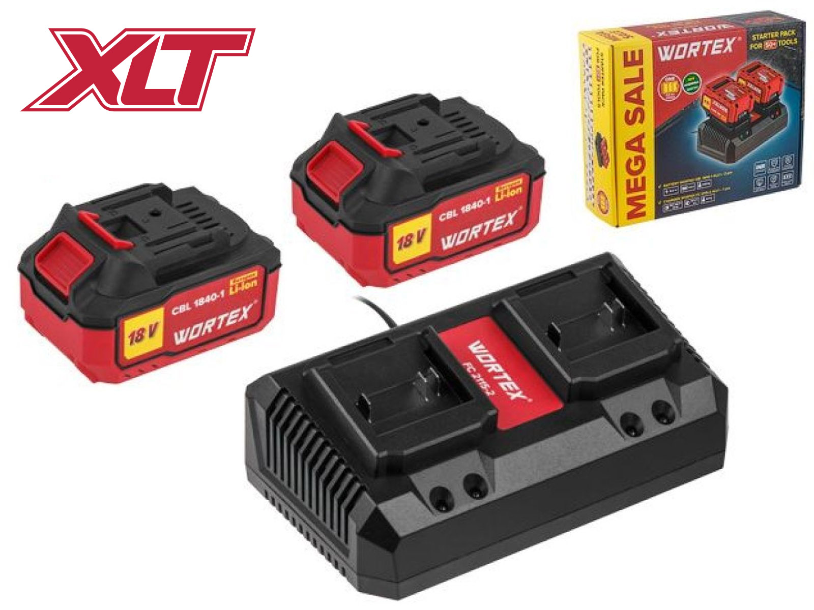 Набор аккумулятор 2х4 А*ч и зарядное устройство 2х2 А WORTEX ALL1 XLT в кор. SET