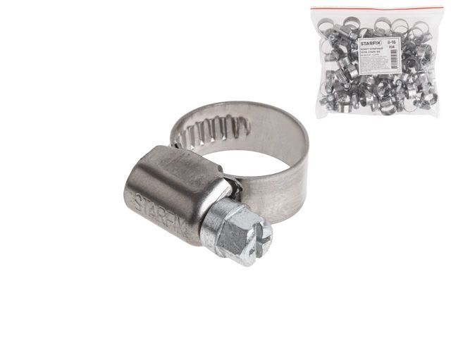 Хомут червячный 16-27 мм, нерж.сталь (W2) (50 шт в пакете) STARFIX