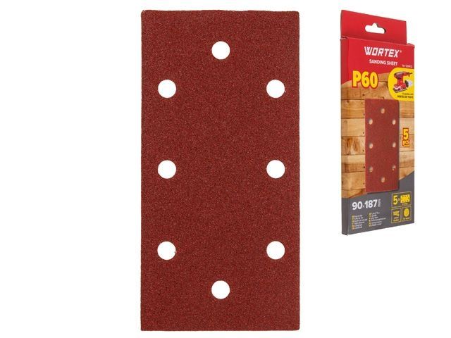 Шлифлист 90х187 мм Р60 д/дерева самосцепл. 8 отв. 5 шт. WORTEX (Подходит для использования к виброшлифмашине WORTEX SS 1920 E, SS 2230-1 E)
