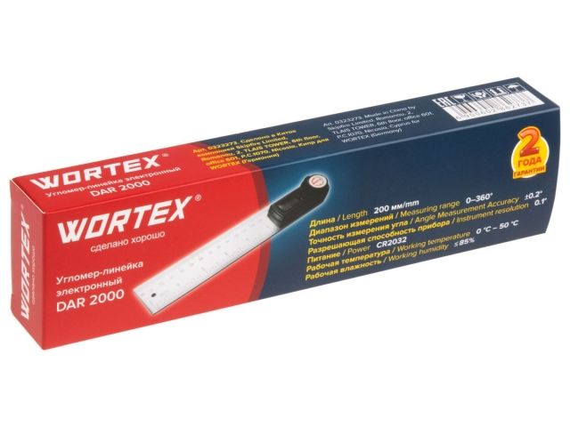 Угломер-линейка электронный WORTEX DAR 2000 в кор. +-0,2°, 200 мм