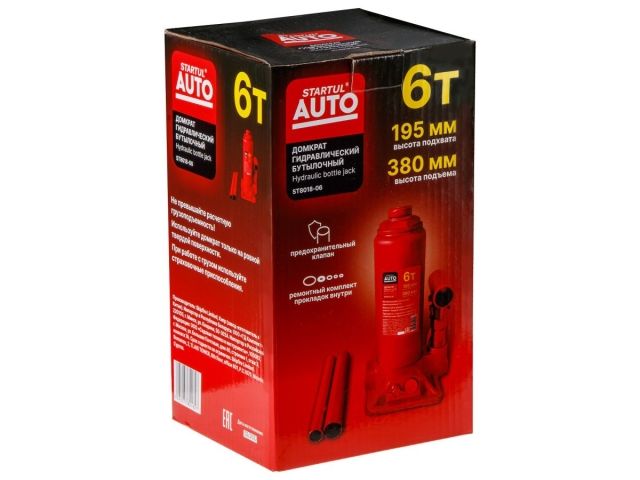 Домкрат гидравлический 6т бутылочный 195-380мм STARTUL AUTO (ST8018-06) (h min 195мм, h max 380мм)