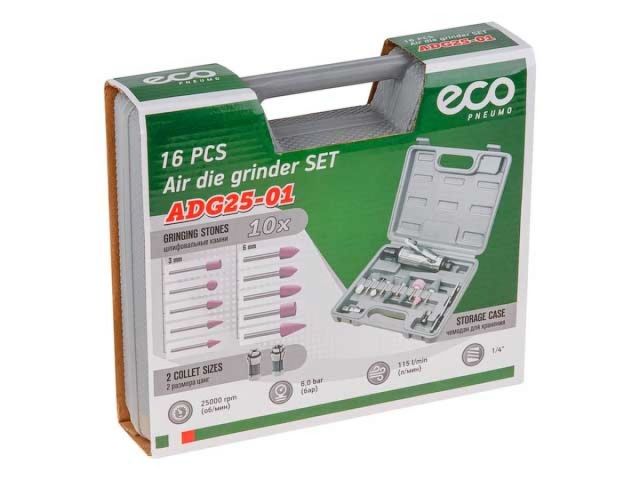 Пневмошлифмашина прямая ECO ADG25-01 с набором шарошек (25000 об/мин; 115 л/мин; Цанги:3 мм/6 мм; 10 шлифкамней; Чемодан)