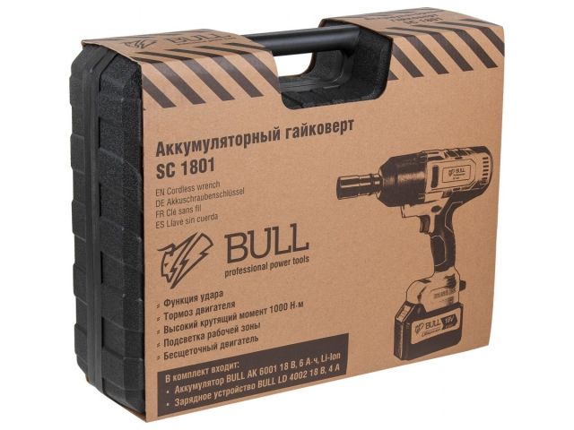 Аккум. ударный гайковерт BULL SC 1801 в чем. XLTpro БЕСЩЕТ., 18 В, 1000 Н*м, 3/4", 1х6 А*ч, з/у 4 А (вес 3.3 кг)