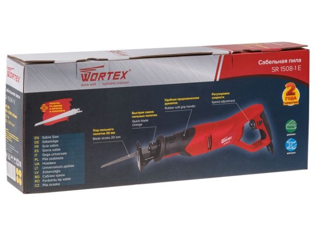 Сабельная пила WORTEX SR 1508-1 E в кор. + 2 пильных полотна 800 Вт, дер. 150 мм, ход 20 мм, рег.об.