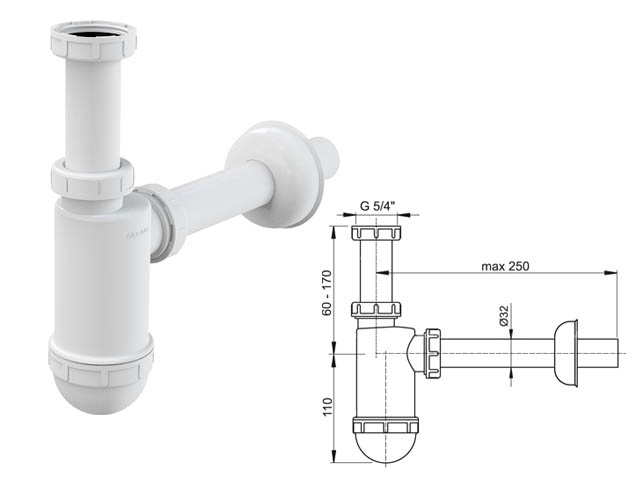 Сифон для умывальника O32 c накидной гайкой 5/4, Alcaplast